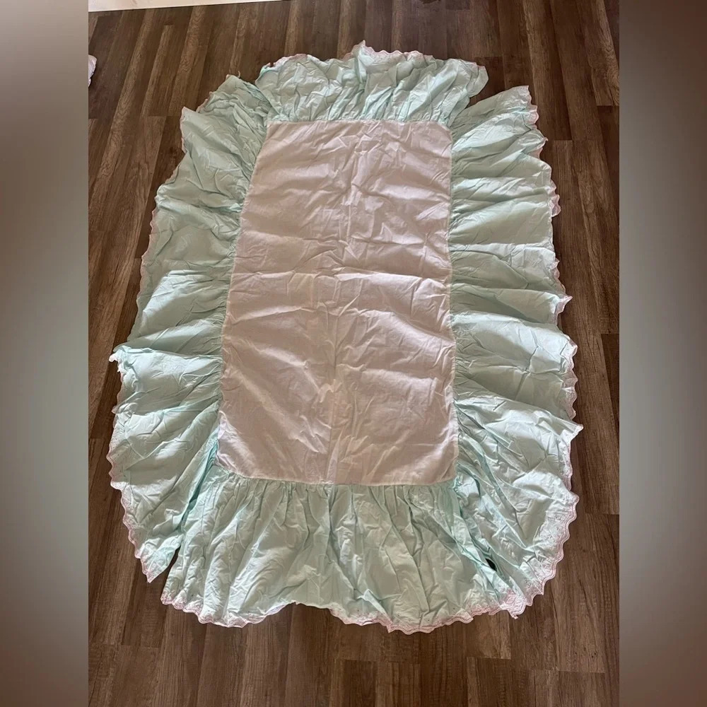 Simply Shabby Chic Baby Cribskirt Dust Ruffle  Blue Pink Embroidery VTG 2012 New